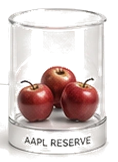 A glass vessel labelled AAPL Reserve holding three red apples.