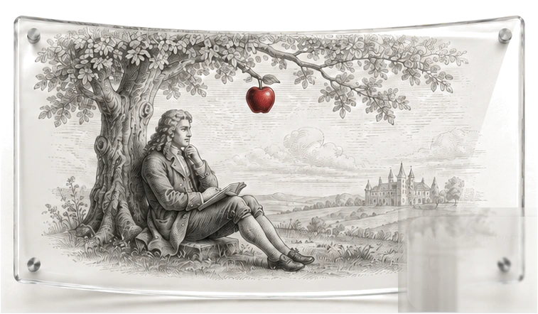 The scene from Apple Computer Co.'s original 1976 logo: Isaac Newton reading beneath the apple tree, a single red apple falling from the branch above him, sealed inside a curved glass plaque.